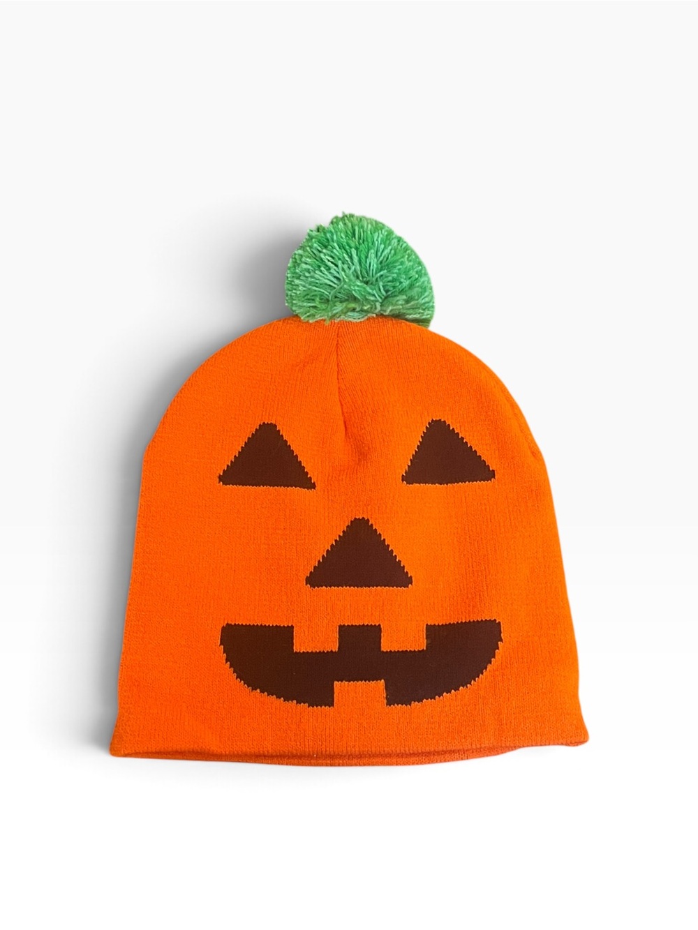 Kids Orange Pumpkin Knit Beanie with Green Pom